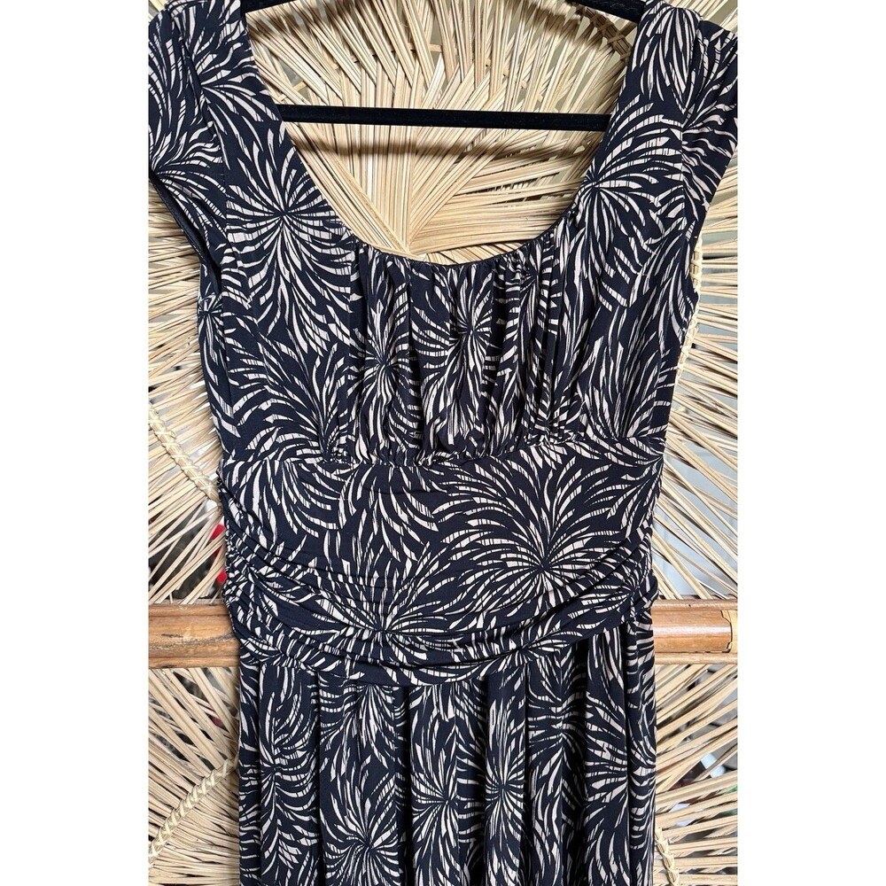 Coldwater Creek Dress 12 Black Beige Burst Print Ruched Waist Midi Scoop Neck